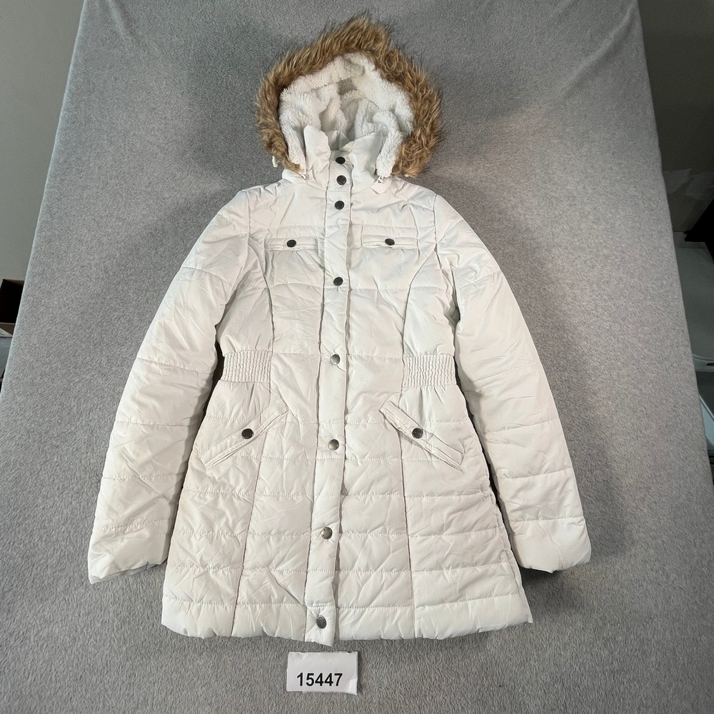 YMI Puffer Jacket Womens S White Faux Fur Hood Sherpa Lined Long Sleeve Outdoor